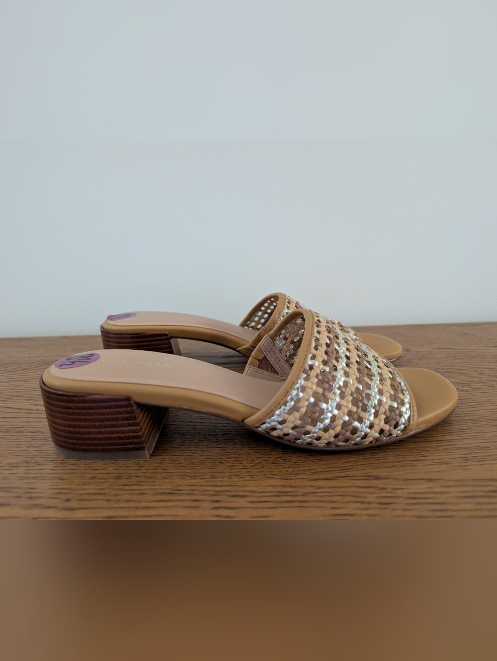 Cole Haan Tan and Silver Woven Slide Sandals